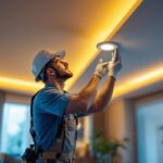 A photograph of a skilled lighting contractor installing recessed led lights in a modern home setting