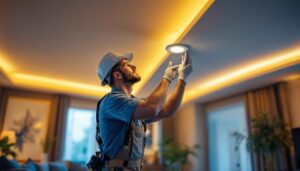 A photograph of a skilled lighting contractor installing recessed led lights in a modern home setting