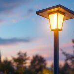 A photograph of a modern solar lamp post mounted in an outdoor setting