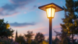 A photograph of a modern solar lamp post mounted in an outdoor setting