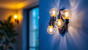 A photograph of a stylish multi light wall sconce elegantly illuminated in a modern interior setting