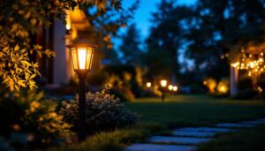 A photograph of a beautifully lit outdoor setting showcasing amber flood lights illuminating a garden or architectural feature at dusk