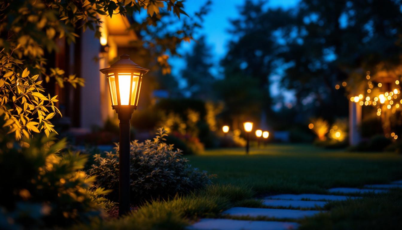 A photograph of a beautifully lit outdoor setting showcasing amber flood lights illuminating a garden or architectural feature at dusk