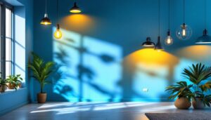 A photograph of a well-lit interior space showcasing a variety of stylish lighting fixtures