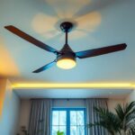 A photograph of a stylish large ceiling fan installed in a high-ceiling room