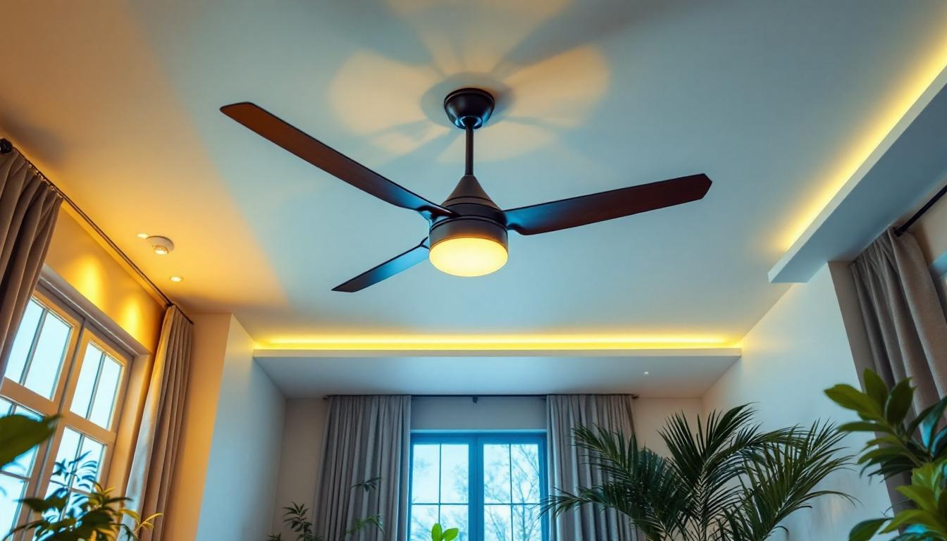 A photograph of a stylish large ceiling fan installed in a high-ceiling room