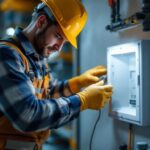 A photograph of a lighting contractor expertly installing a plastic cover on an electrical box