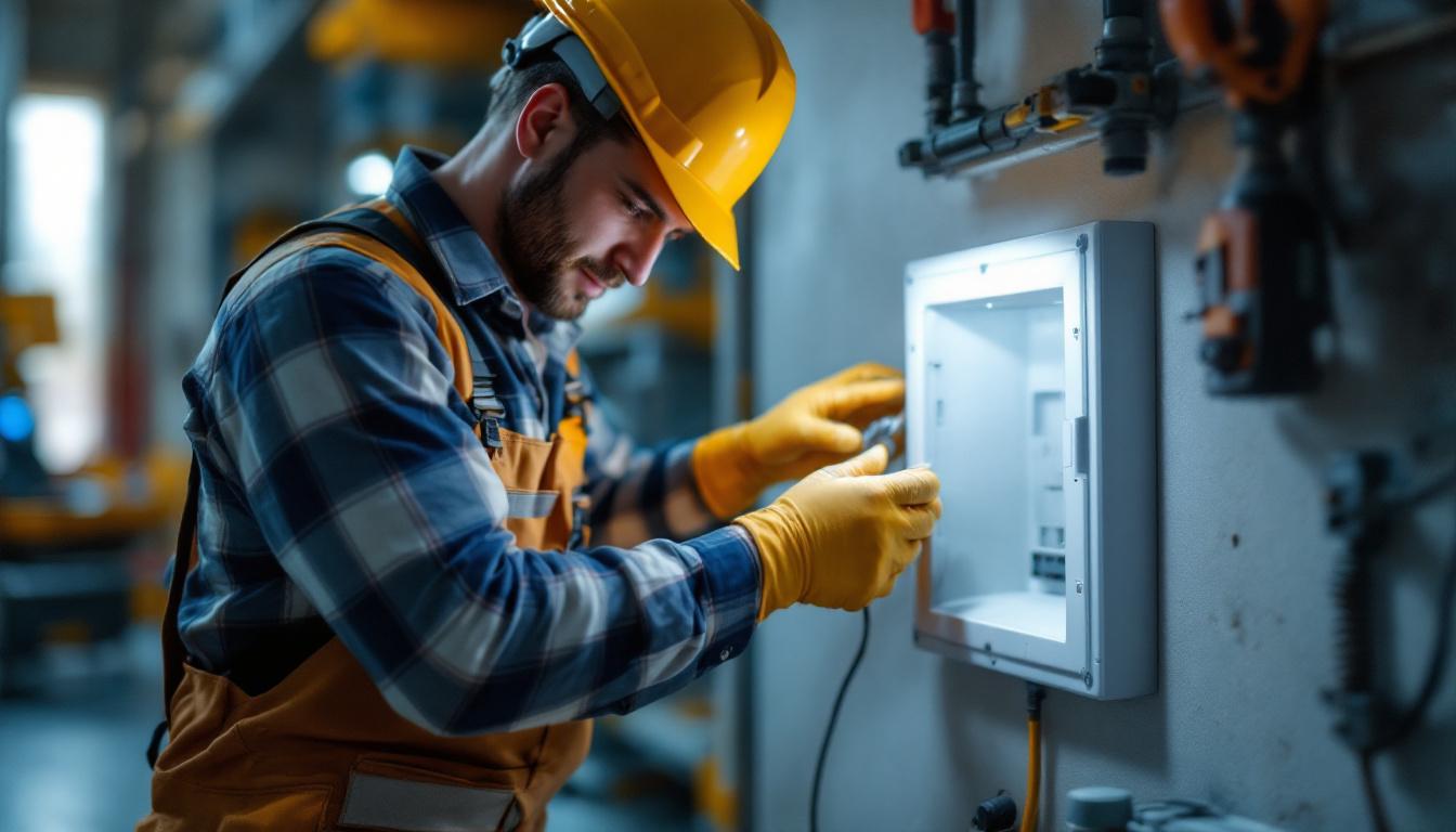 A photograph of a lighting contractor expertly installing a plastic cover on an electrical box