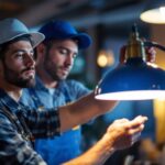A photograph of a skilled lighting contractor assembling or installing a stylish