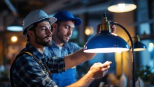 A photograph of a skilled lighting contractor assembling or installing a stylish