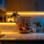 A photograph of a well-lit kitchen featuring stylish under cabinet lighting installations