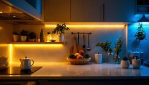 A photograph of a well-lit kitchen featuring stylish under cabinet lighting installations