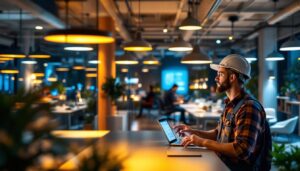 A photograph of a modern office space illuminated by innovative smart lighting solutions