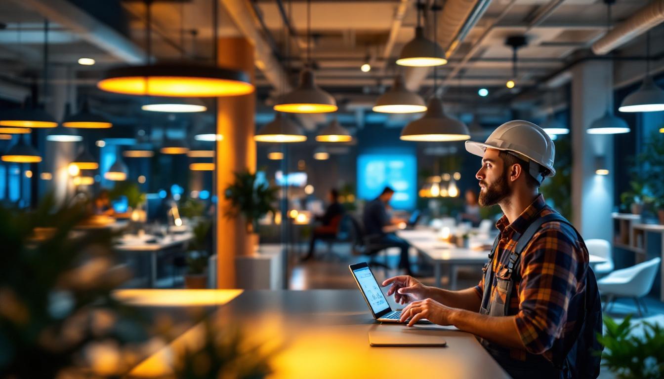 A photograph of a modern office space illuminated by innovative smart lighting solutions
