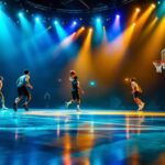 A photograph of a vibrant basketball court illuminated by dynamic led lights