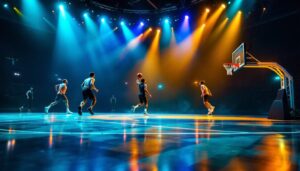 A photograph of a vibrant basketball court illuminated by dynamic led lights