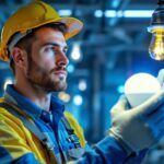 A photograph of a lighting contractor installing led replacement bulbs in a commercial space