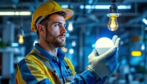 A photograph of a lighting contractor installing led replacement bulbs in a commercial space