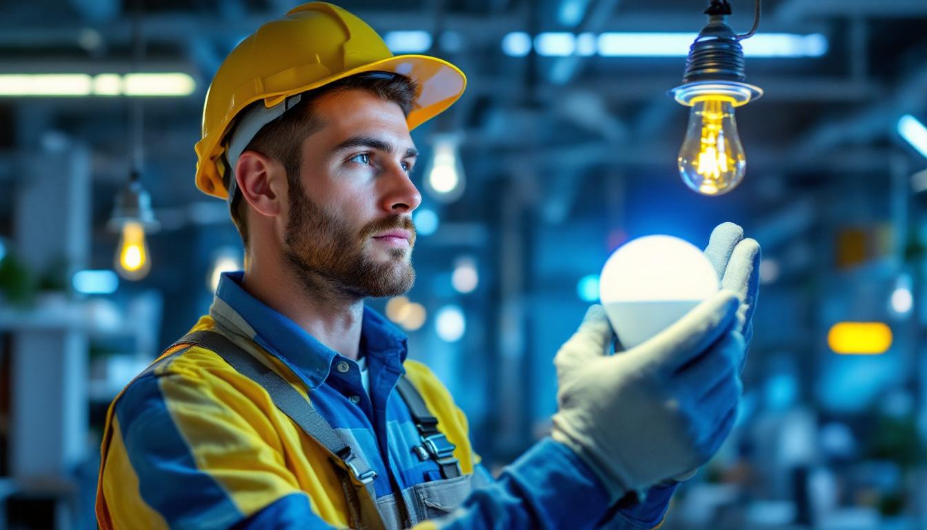 A photograph of a lighting contractor installing led replacement bulbs in a commercial space