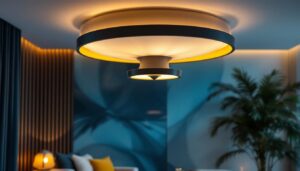 A photograph of a beautifully designed statement ceiling light fixture in a stylish interior setting