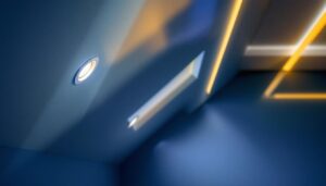 A photograph of capture a photograph of a beautifully designed room featuring recessed lighting installed on a sloped ceiling