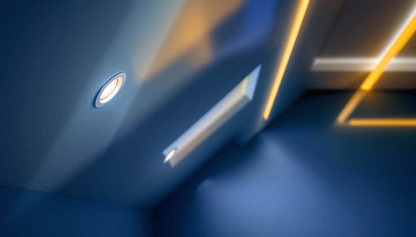 A photograph of capture a photograph of a beautifully designed room featuring recessed lighting installed on a sloped ceiling