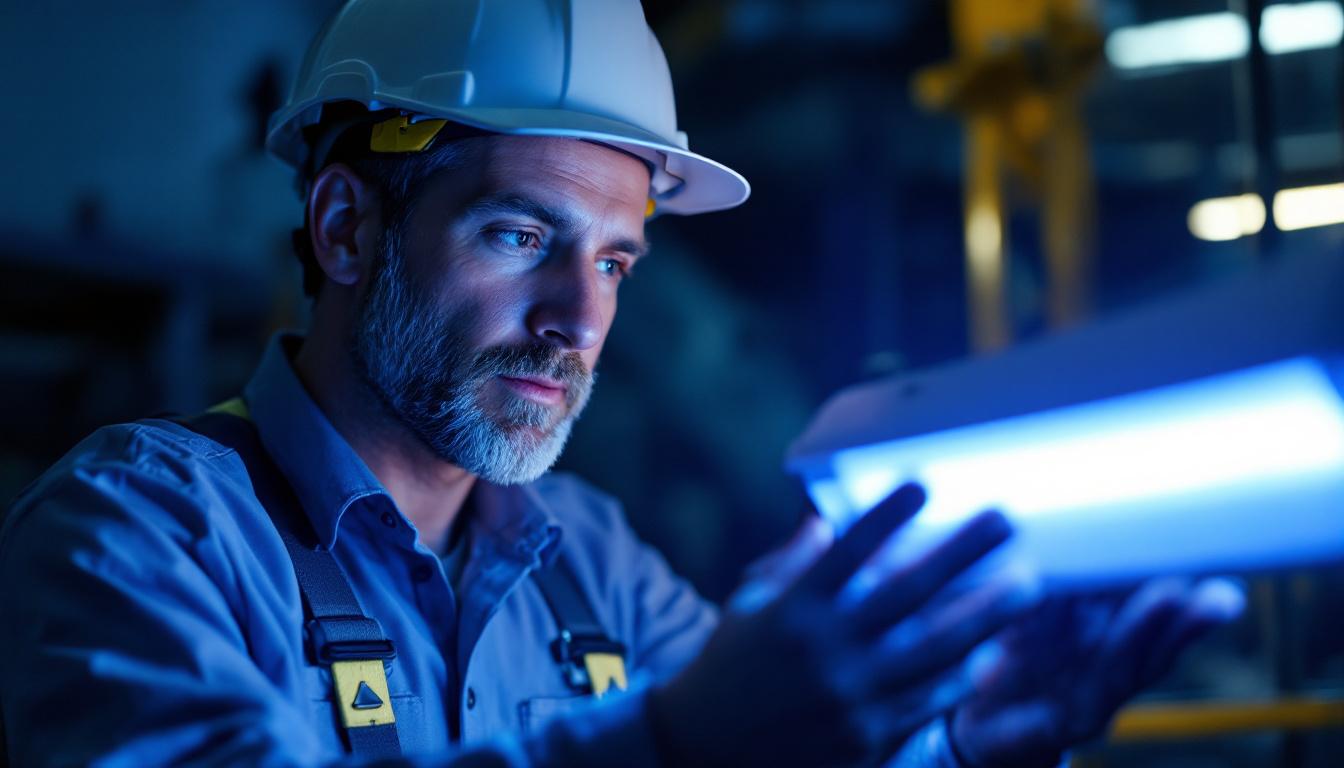 A photograph of a lighting contractor examining a uv light germicidal lamp in a professional setting