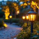 A photograph of a beautifully arranged outdoor scene featuring post topper lights illuminating a pathway or garden