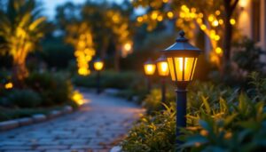 A photograph of a beautifully arranged outdoor scene featuring post topper lights illuminating a pathway or garden