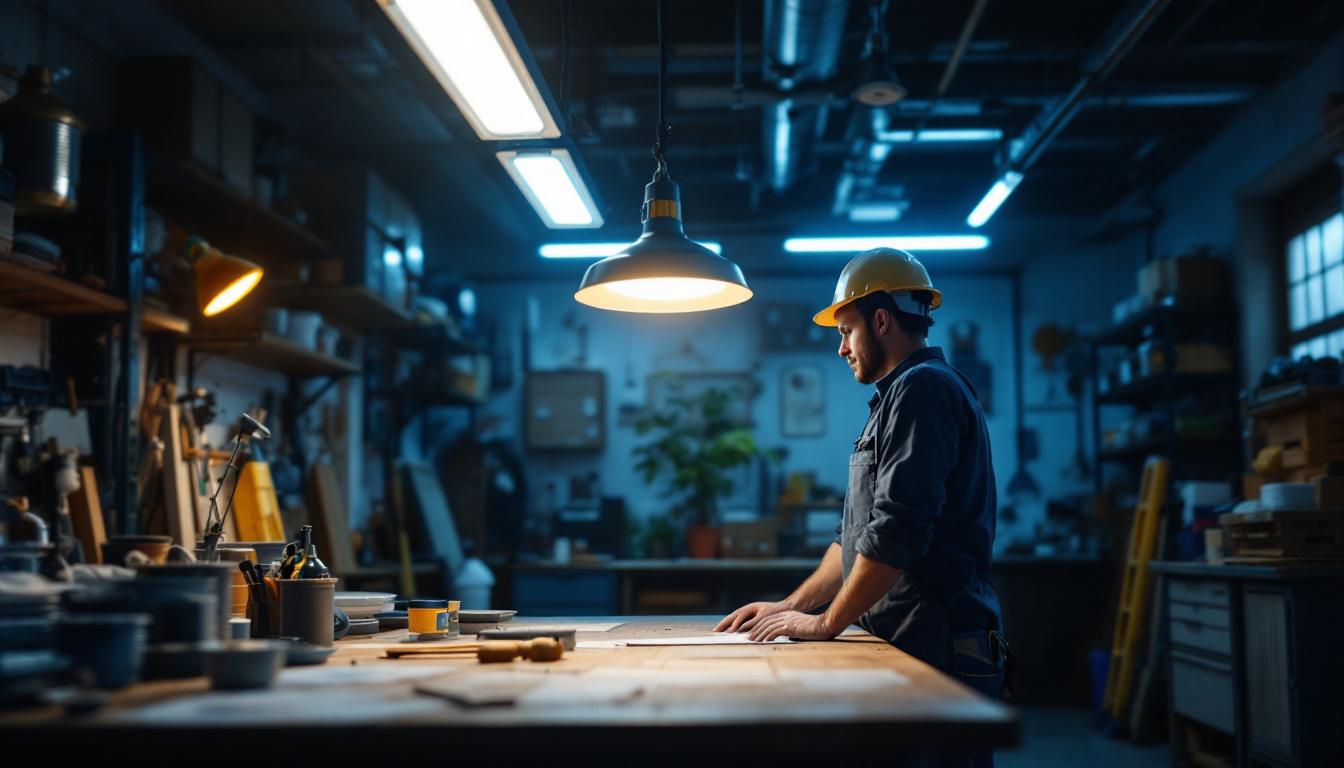 A photograph of a well-lit workshop or garage showcasing various 4-foot led shop lights in action