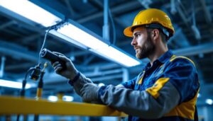 A photograph of a lighting contractor inspecting and installing a ballast in a commercial lighting fixture