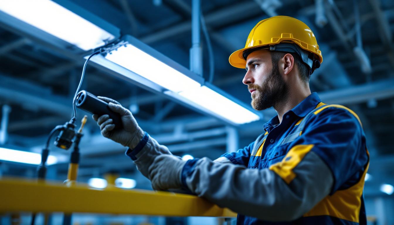 A photograph of a lighting contractor inspecting and installing a ballast in a commercial lighting fixture