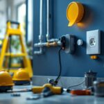 A photograph of a professional lighting contractor inspecting a dryer socket installation