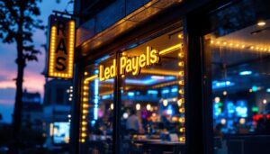 A photograph of a vibrant exterior led sign illuminating a storefront at dusk