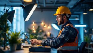 A photograph of a lighting contractor using the fp54 841 ho eco lighting system in a modern workspace
