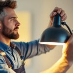 A photograph of a skilled lighting contractor expertly installing or adjusting a modern lamp in a stylish interior setting