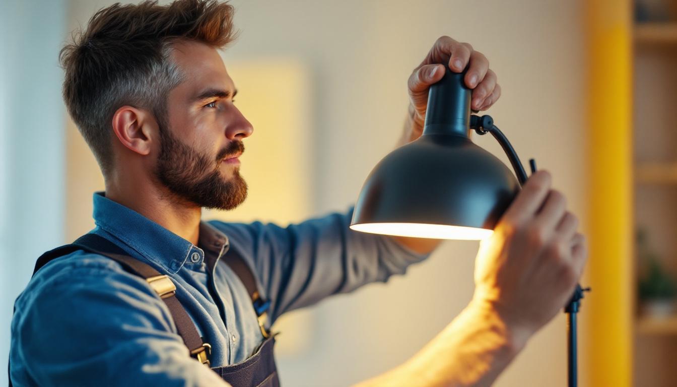 A photograph of a skilled lighting contractor expertly installing or adjusting a modern lamp in a stylish interior setting