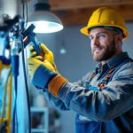 A photograph of a professional electrician in action
