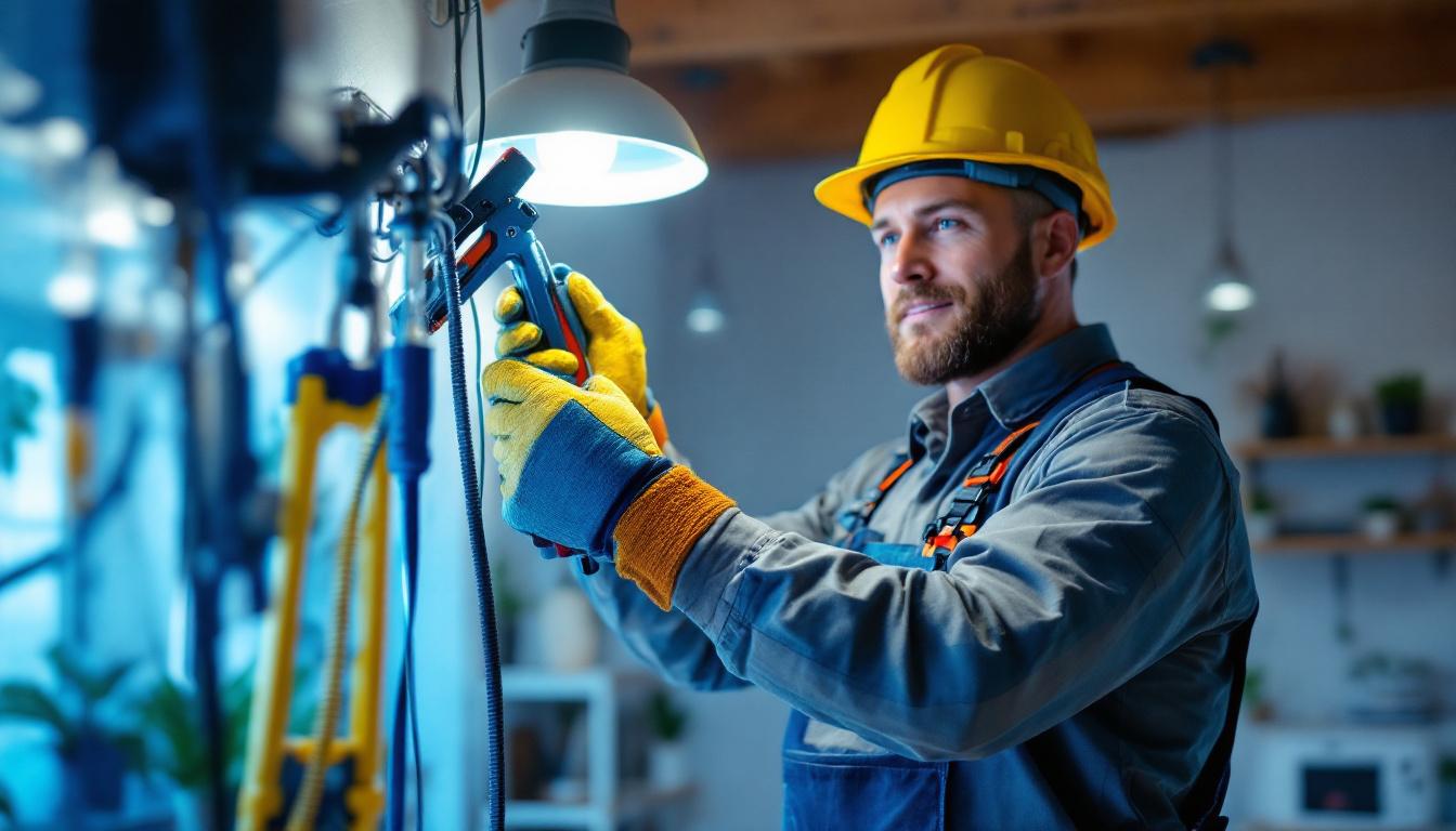 A photograph of a professional electrician in action