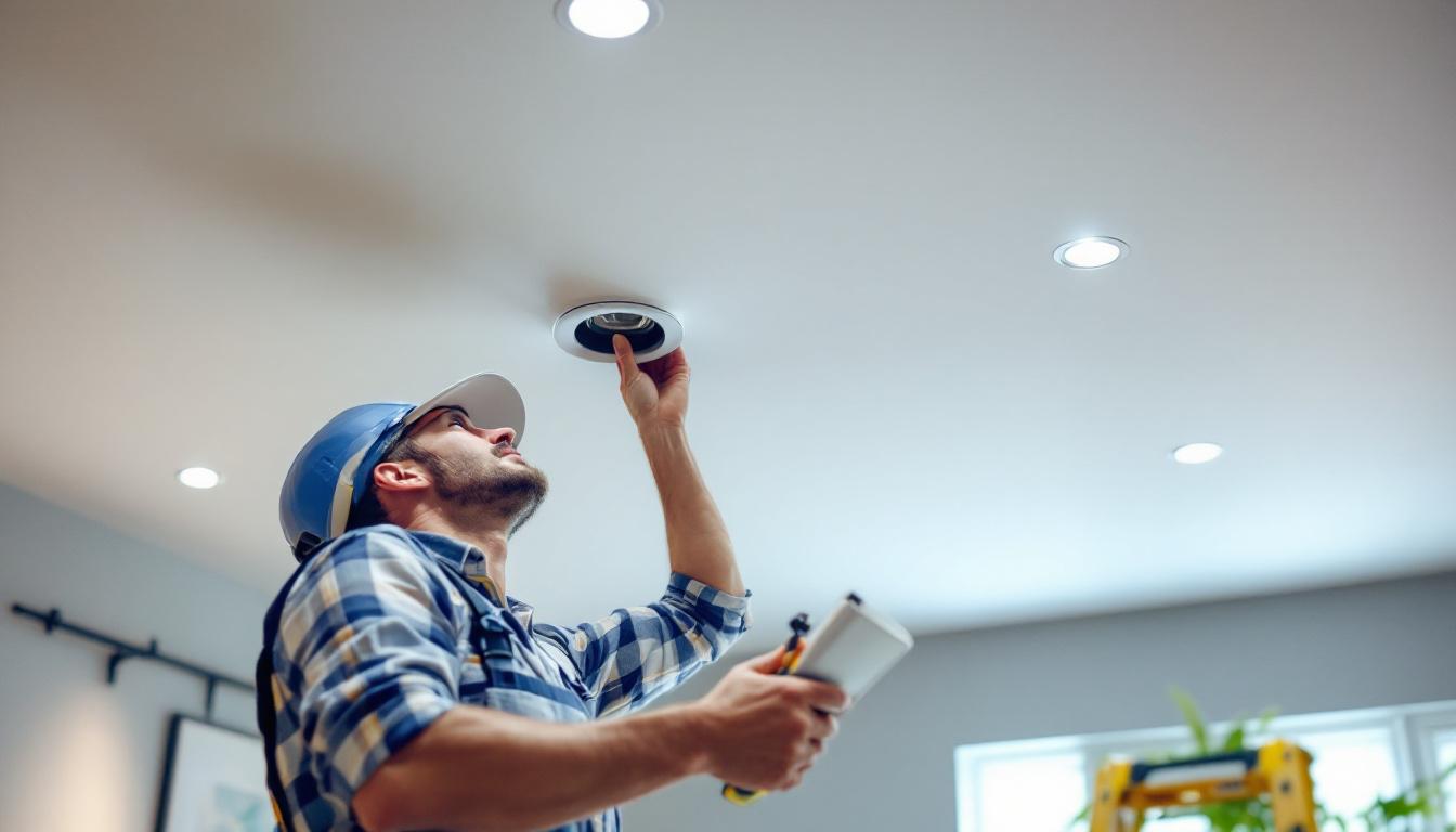 A photograph of a lighting contractor expertly installing shallow recessed pot lights in a modern ceiling