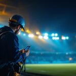 A photograph of a lighting contractor in action