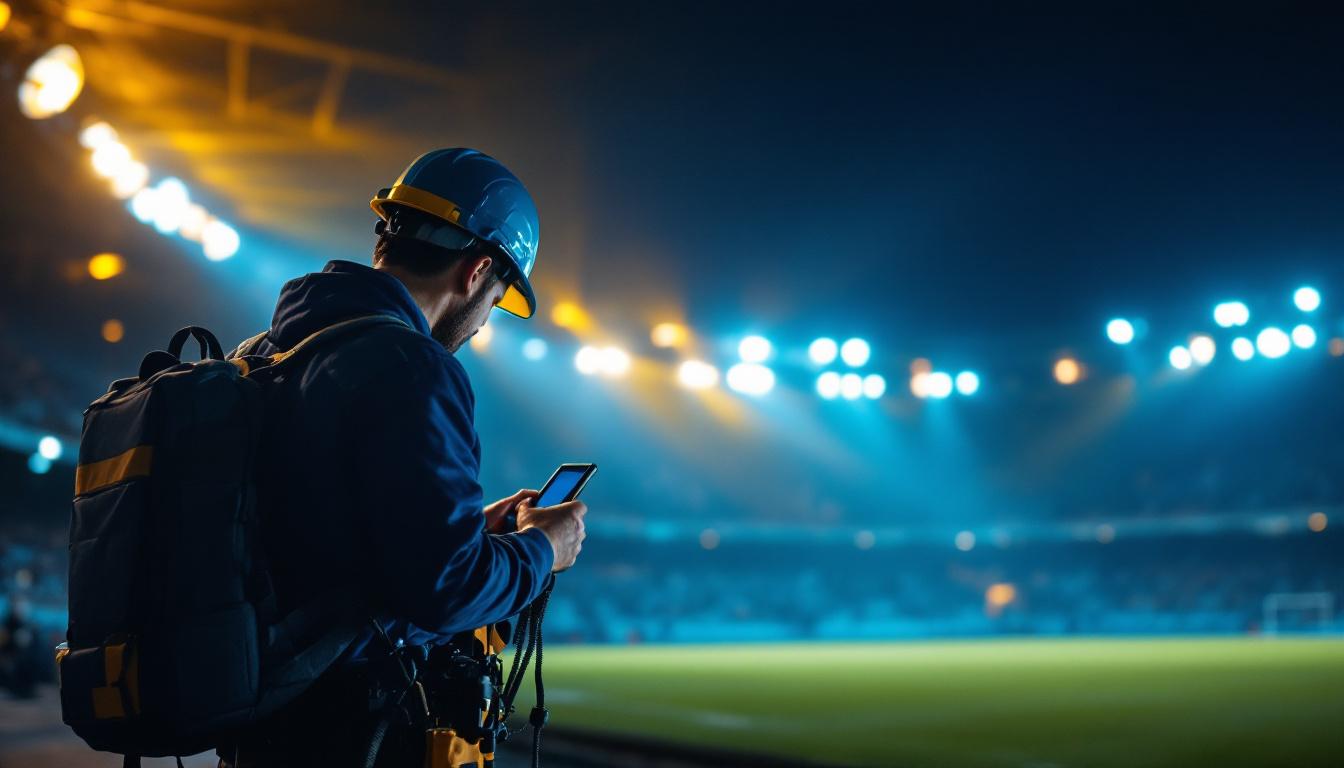 A photograph of a lighting contractor in action