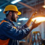 A photograph of a lighting contractor expertly installing or adjusting the l6-15r lighting fixture in a well-lit environment