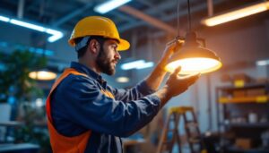 A photograph of a lighting contractor expertly installing or adjusting the l6-15r lighting fixture in a well-lit environment