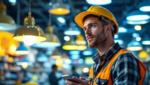 A photograph of a lighting contractor examining a variety of modern led light fixtures in a well-lit retail environment