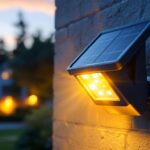 A photograph of a solar panel security light installed in a residential or commercial outdoor setting