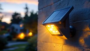 A photograph of a solar panel security light installed in a residential or commercial outdoor setting