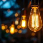 A photograph of a beautifully lit edison-style light bulb suspended in an industrial setting