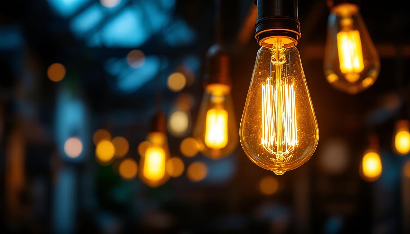 A photograph of a beautifully lit edison-style light bulb suspended in an industrial setting