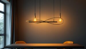 A photograph of a stylish black and brass linear chandelier elegantly illuminated in a modern interior setting